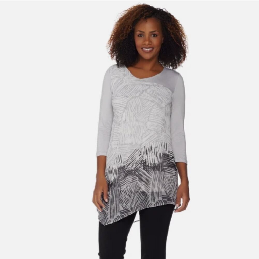 H by Halston Gray Black Asymmetric Artsy Stretch Comfy Tunic XL Preppy